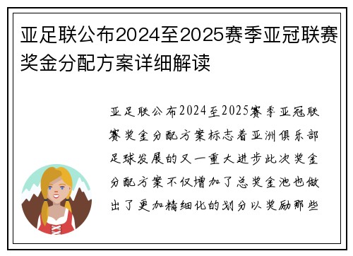 亚足联公布2024至2025赛季亚冠联赛奖金分配方案详细解读 亚足联公布2024至2025赛季亚冠联赛奖金分配方案详细解读